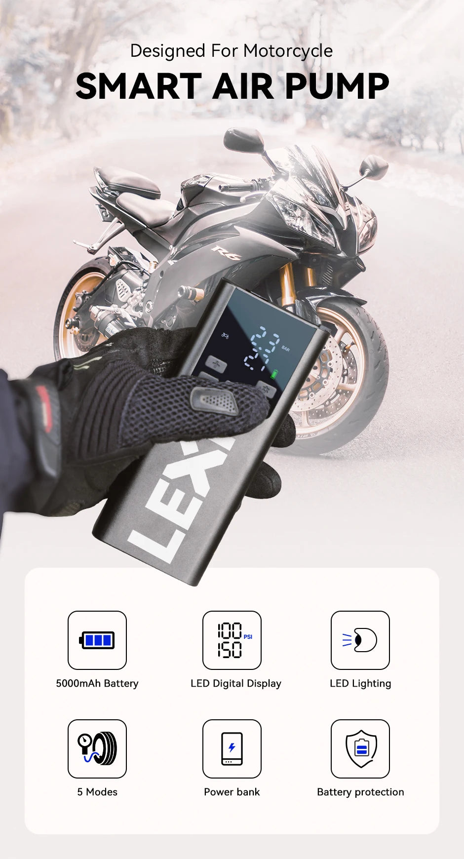 Compressore Portatile+Power Bank Lexin P5 Smart 5000 mAh