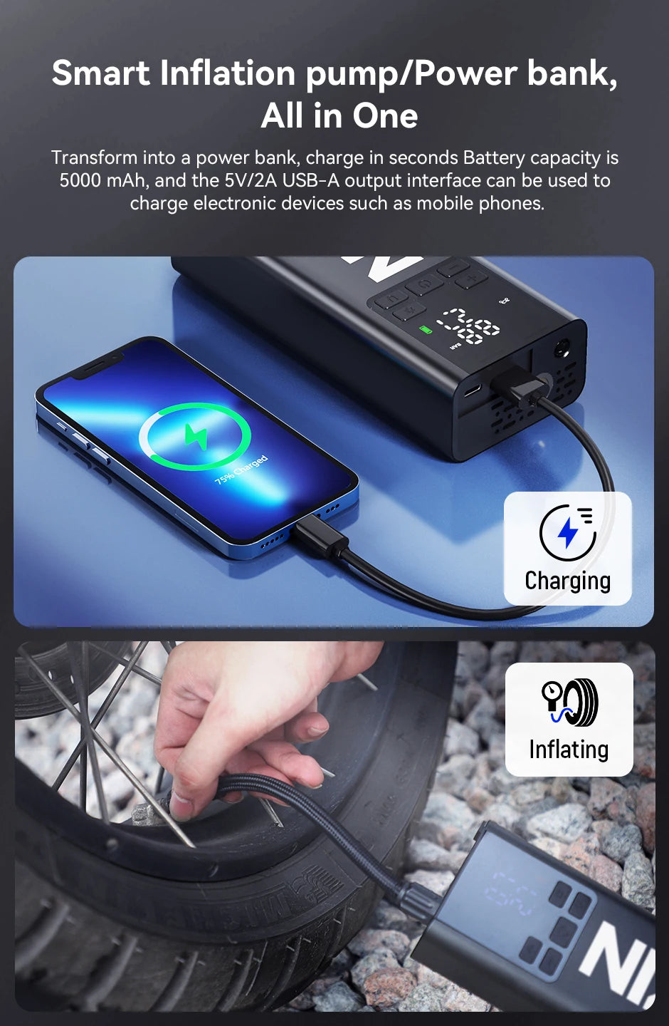 Compressore Portatile+Power Bank Lexin P5 Smart 5000 mAh